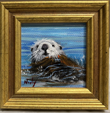 Otter miniature original acrylic painting by Karen Neely (#2M28), otter floating with kelp and splash of red detail, framed in imported Italian frame with easel back.