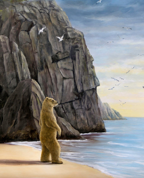The Longing by Robert Bissell features a bear at the shoreline looking out over the ocean.