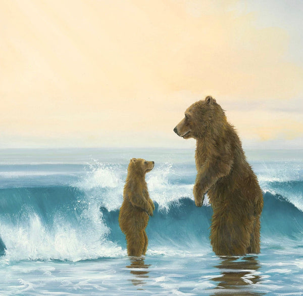 The Learner painting by Robert Bissell features a mama or papa bear with their cub in the ocean.