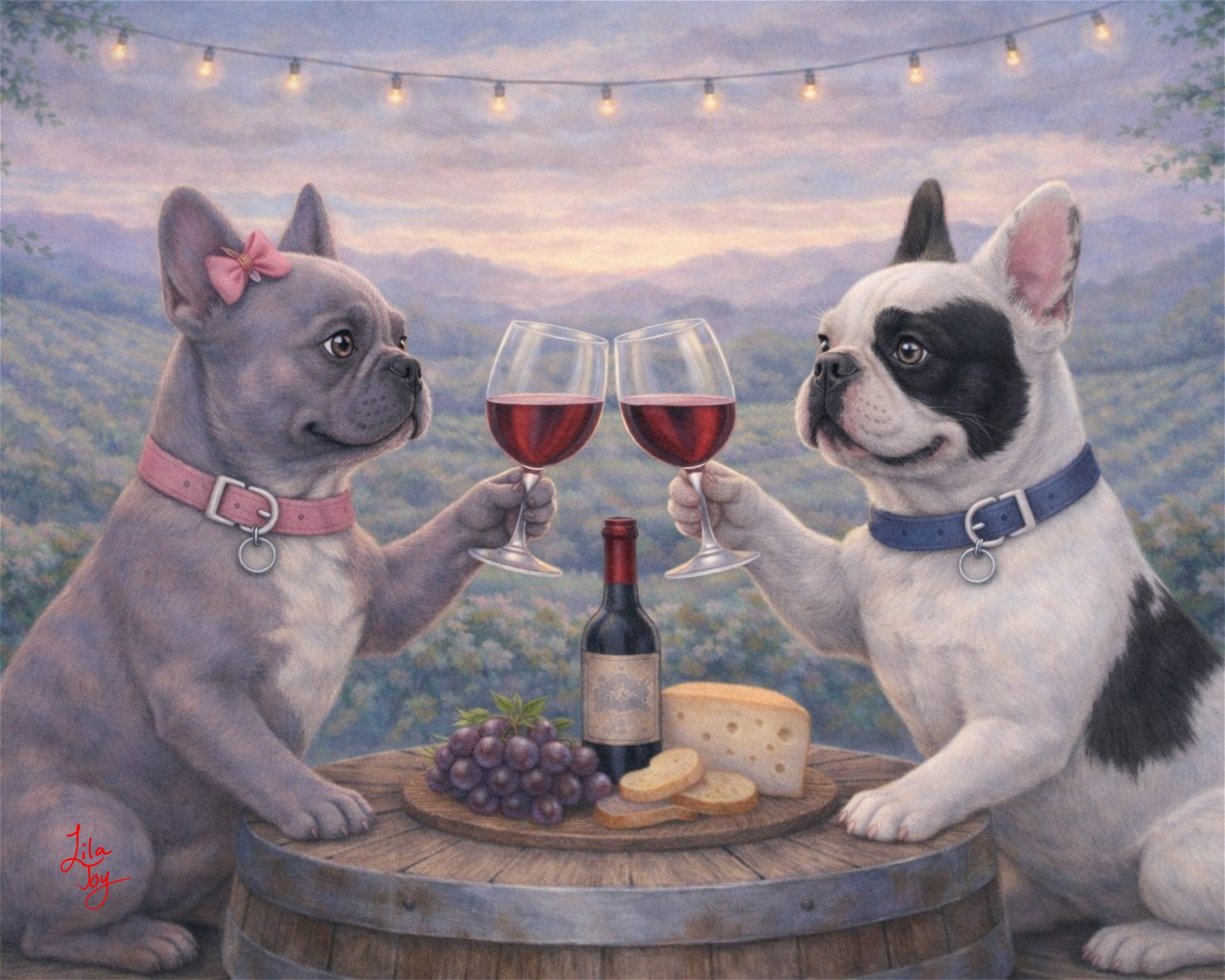 Frenchie Toast by Lila Joy showing Sterling and Opus, two French bulldogs clinking wine glasses over cheese and grapes in Napa Valley.