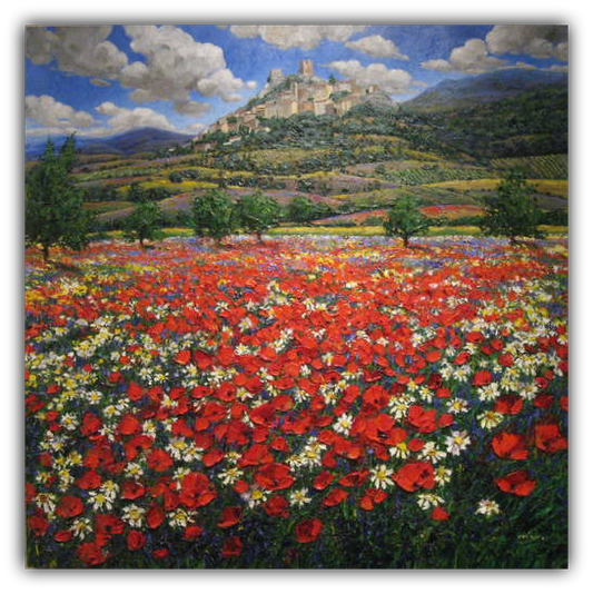 Colors of Italy limited edition giclée on canvas by Jennifer Vranes featuring a vibrant field of red poppies and daisies with rolling Tuscan hills and a hilltop village.