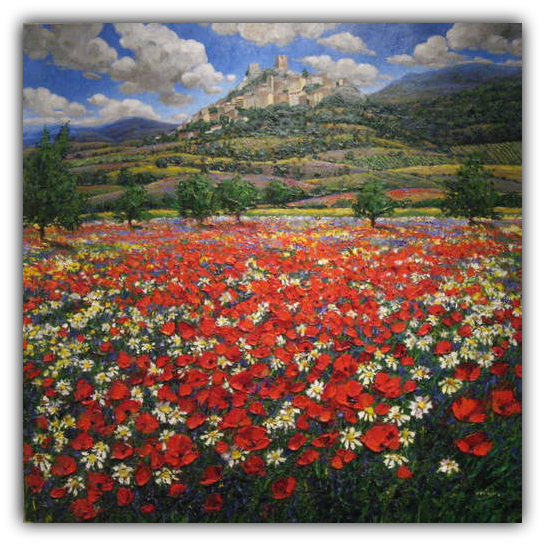 Colors of Italy limited edition giclée on canvas by Jennifer Vranes featuring a vibrant field of red poppies and daisies with rolling Tuscan hills and a hilltop village.