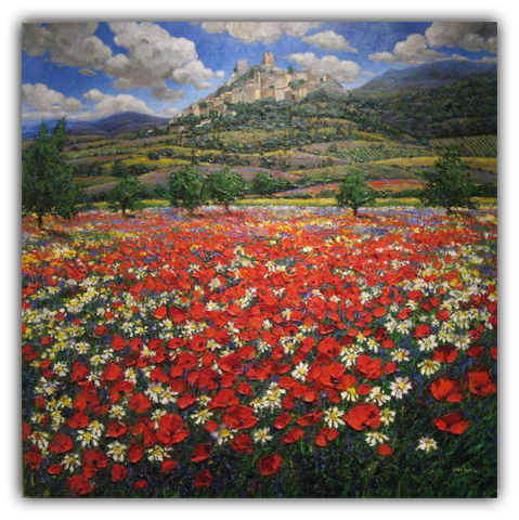 Colors of Italy limited edition giclée on canvas by Jennifer Vranes featuring a vibrant field of red poppies and daisies with rolling Tuscan hills and a hilltop village.
