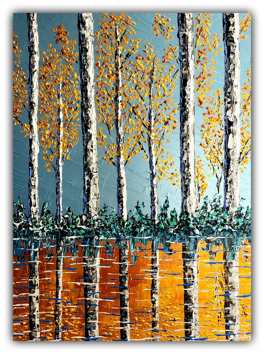 Original acrylic painting of birch trees with golden autumn leaves and reflective orange water, heavy impasto texture by Isabelle Dupuy, 48x36.