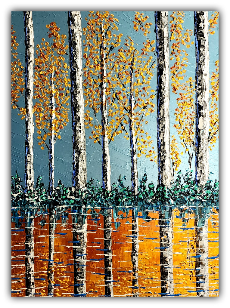 Original acrylic painting of birch trees with golden autumn leaves and reflective orange water, heavy impasto texture by Isabelle Dupuy, 48x36.