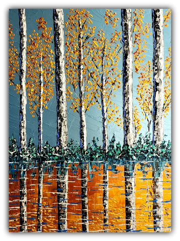 Original acrylic painting of birch trees with golden autumn leaves and reflective orange water, heavy impasto texture by Isabelle Dupuy, 48x36.