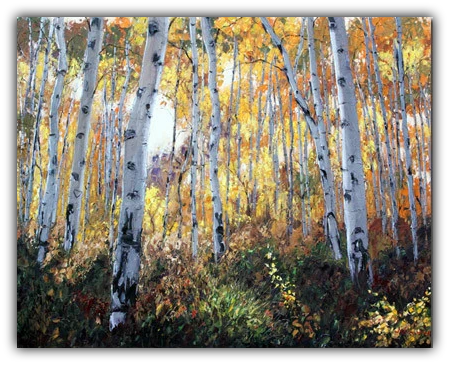 Golden Morning limited edition giclée on canvas by Jennifer Vranes featuring sunlight streaming through tall white aspens with golden autumn leaves and a forest floor in shadow.