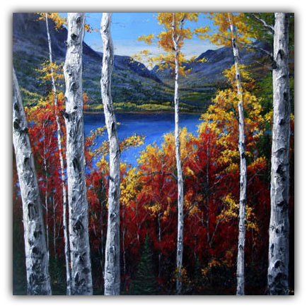 Land of Promise limited edition giclée on canvas by Jennifer Vranes featuring tall white aspens framing a blue lake with red and gold autumn foliage and mountains beyond.