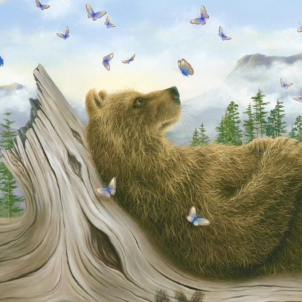 AM 2 oil by Robert Bissell features a bear taking a nap on a log.