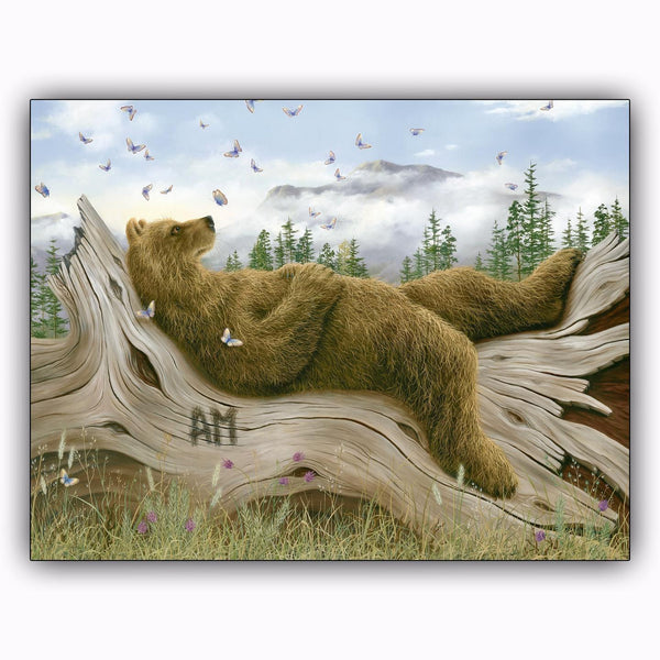 AM 2 oil by Robert Bissell features a bear taking a nap on a log.