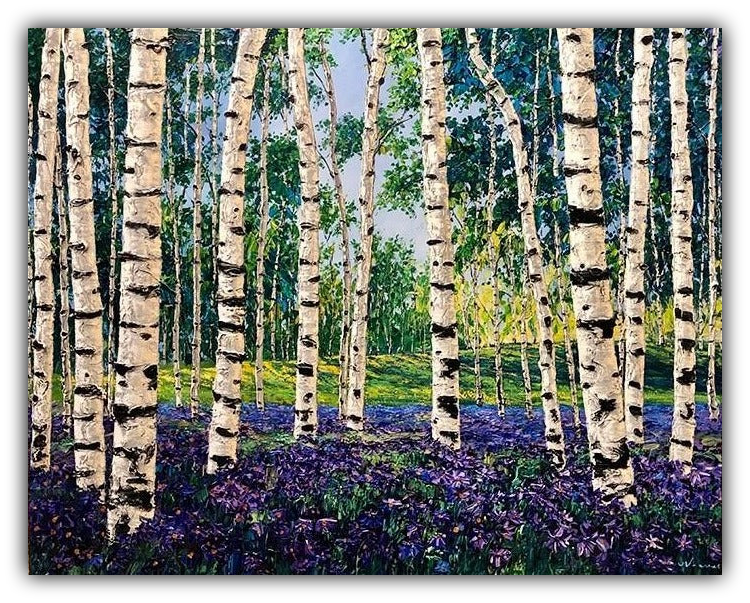 Meadow Song original acrylic painting by Jennifer Vranes featuring textured white aspens and birch trees surrounded by a spring meadow of lush green grass and purple flowers.