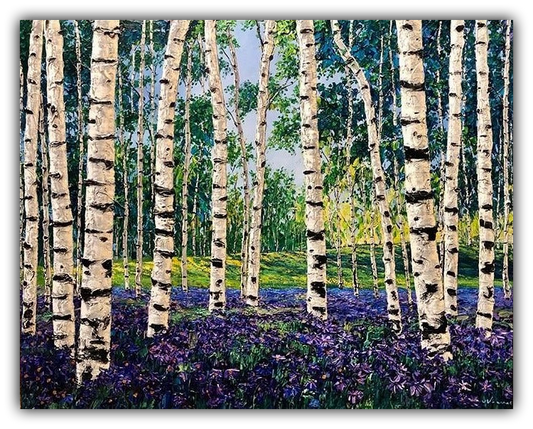 Meadow Song original acrylic painting by Jennifer Vranes featuring textured white aspens and birch trees surrounded by a spring meadow of lush green grass and purple flowers.