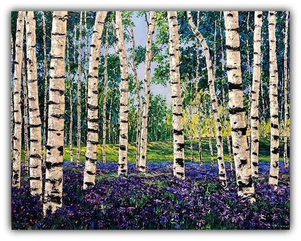 Meadow Song original acrylic painting by Jennifer Vranes featuring textured white aspens and birch trees surrounded by a spring meadow of lush green grass and purple flowers.
