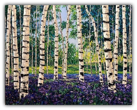Meadow Song original acrylic painting by Jennifer Vranes featuring textured white aspens and birch trees surrounded by a spring meadow of lush green grass and purple flowers.