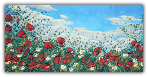 Poppies & Daisies limited edition giclée on canvas by Jennifer Vranes featuring bright red poppies and white daisies swaying beneath a vivid blue sky.