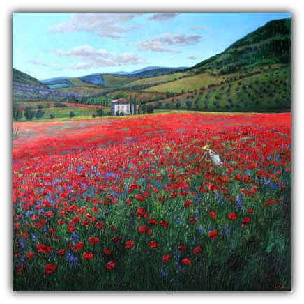 Poppy Paradise limited edition giclée on canvas by Jennifer Vranes featuring a vivid red poppy field, wildflowers, rolling hills, and a Tuscan villa in the distance.