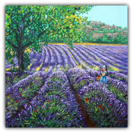 Scent of Provence limited edition giclée on canvas by Jennifer Vranes featuring lavender fields, a hillside village, and a figure in a blue dress under a bright sky.