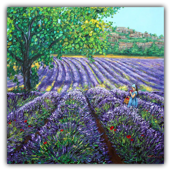 Scent of Provence limited edition giclée on canvas by Jennifer Vranes featuring lavender fields, a hillside village, and a figure in a blue dress under a bright sky.