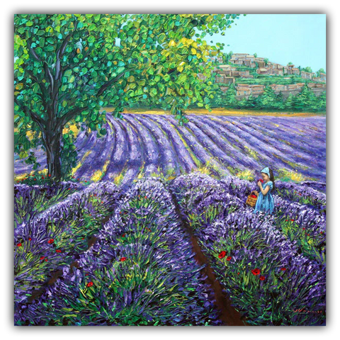 Scent of Provence limited edition giclée on canvas by Jennifer Vranes featuring lavender fields, a hillside village, and a figure in a blue dress under a bright sky.