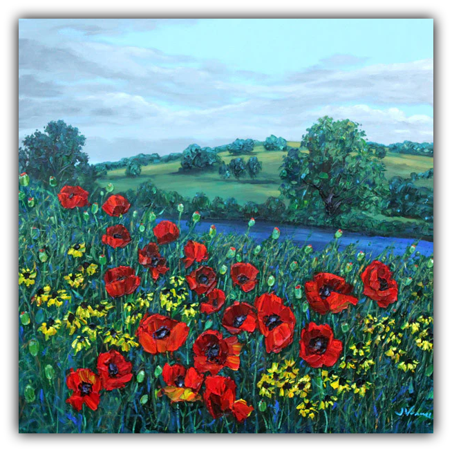 Springtime Poppies limited edition giclée on canvas by Jennifer Vranes featuring bright red poppies, yellow wildflowers, rolling green hills, and a river under spring skies.