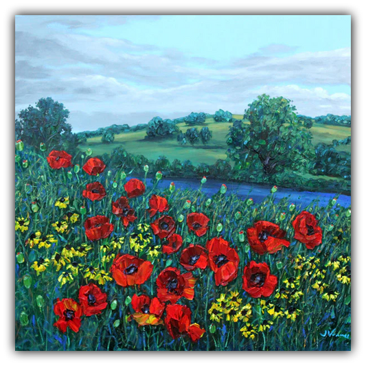 Springtime Poppies limited edition giclée on canvas by Jennifer Vranes featuring bright red poppies, yellow wildflowers, rolling green hills, and a river under spring skies.