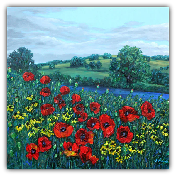 Springtime Poppies limited edition giclée on canvas by Jennifer Vranes featuring bright red poppies, yellow wildflowers, rolling green hills, and a river under spring skies.