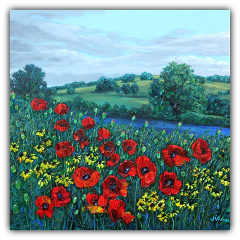 Springtime Poppies limited edition giclée on canvas by Jennifer Vranes featuring bright red poppies, yellow wildflowers, rolling green hills, and a river under spring skies.