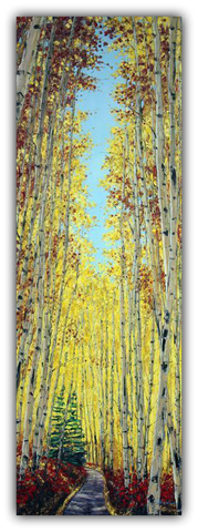 Sunday Drive limited edition giclée on canvas by Jennifer Vranes featuring a winding path through golden aspen trees beneath a clear blue sky in autumn.