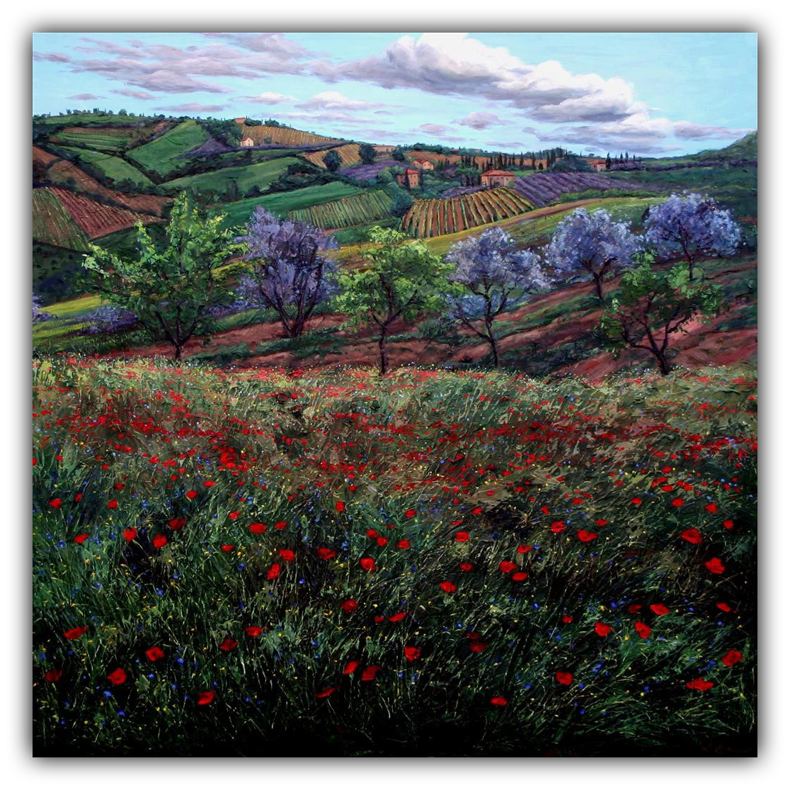 Outside San Gimignano limited edition giclée on canvas by Jennifer Vranes featuring Tuscan hills, vineyards, olive trees, and a field of red poppies under a blue sky.