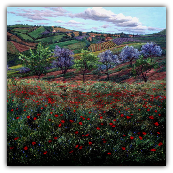 Outside San Gimignano limited edition giclée on canvas by Jennifer Vranes featuring Tuscan hills, vineyards, olive trees, and a field of red poppies under a blue sky.