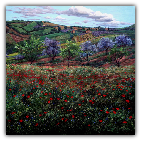 Outside San Gimignano limited edition giclée on canvas by Jennifer Vranes featuring Tuscan hills, vineyards, olive trees, and a field of red poppies under a blue sky.