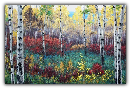 Canadian Fall limited edition giclée on canvas by Jennifer Vranes featuring a grove of white aspens with brilliant yellow, red, and green foliage in autumn.