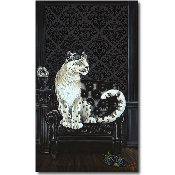 Pete Tillack Adaptable Elegance snow leopard in aviator goggles seated in a black leather chair, original oil painting.