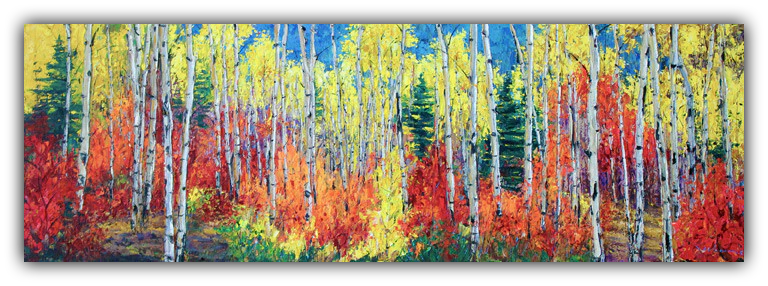 Fall Sensation limited edition giclée on canvas by Jennifer Vranes featuring a panoramic forest of golden aspens and fiery red foliage under a clear blue sky.