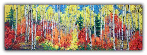Fall Sensation limited edition giclée on canvas by Jennifer Vranes featuring a panoramic forest of golden aspens and fiery red foliage under a clear blue sky.