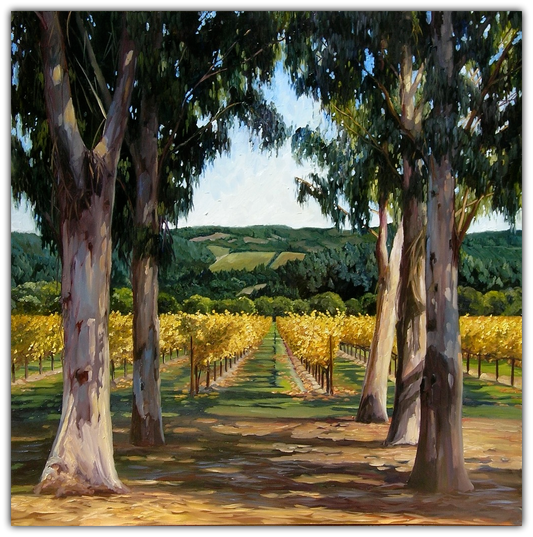 Afternoon Sun by Susan Hoehn features a Napa Valley vineyard in fall and eucalyptus trees.
