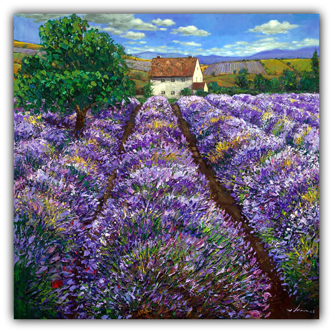 Lavender Haze limited edition giclée on canvas by Jennifer Vranes featuring rows of lavender fields leading to a country home under a bright blue sky.