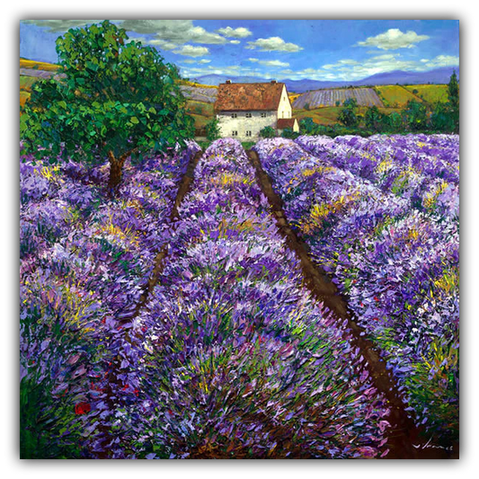 Lavender Haze limited edition giclée on canvas by Jennifer Vranes featuring rows of lavender fields leading to a country home under a bright blue sky.
