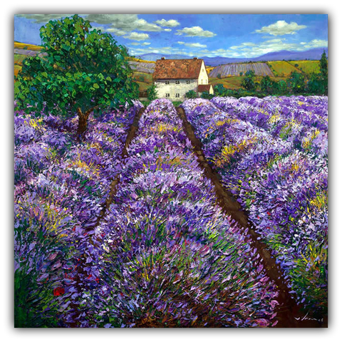 Lavender Haze limited edition giclée on canvas by Jennifer Vranes featuring rows of lavender fields leading to a country home under a bright blue sky.