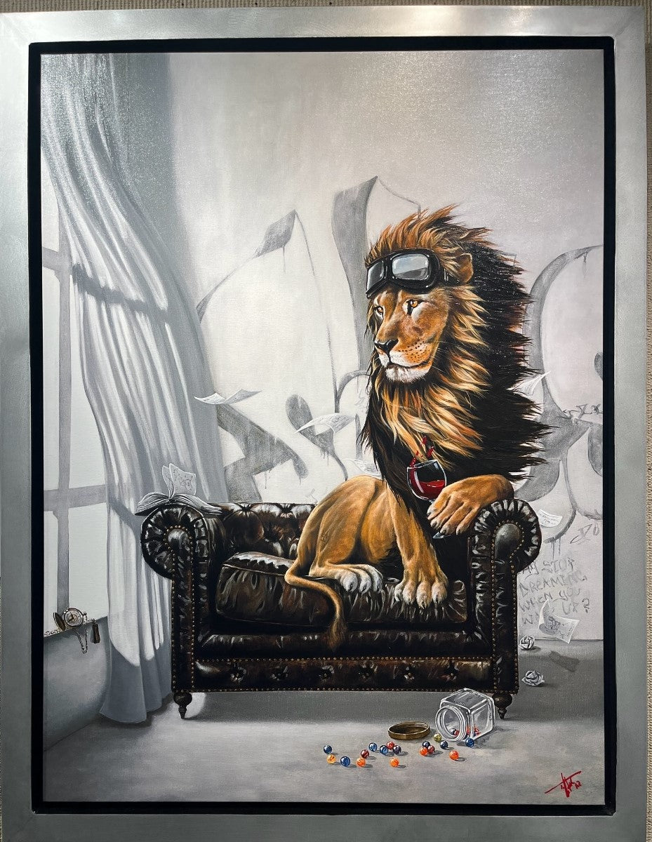 All the Marbles framed presentation by Pete Tillack Gallery 1870 - lion shown with red wine glass