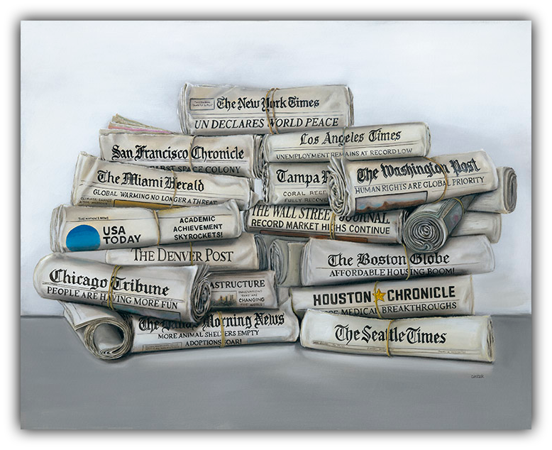 All the News that's Fit to Print painting of a stack of renowned newspapers by Gail Chandler