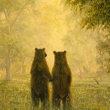 Arcadia oil painting by Robert Bissell features two bears holding hands at dusk