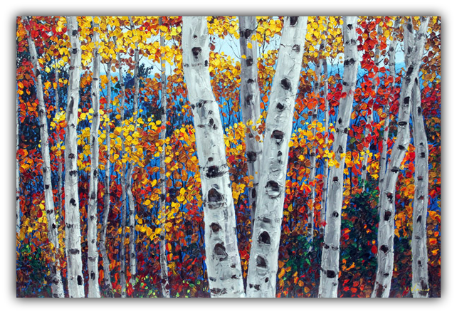 Aspen Confetti limited edition giclée on canvas by Jennifer Vranes featuring white aspen trunks and vibrant fall leaves in yellow, orange, and red.