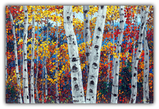 Aspen Confetti limited edition giclée on canvas by Jennifer Vranes featuring white aspen trunks and vibrant fall leaves in yellow, orange, and red.