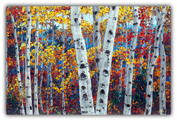 Aspen Confetti limited edition giclée on canvas by Jennifer Vranes featuring white aspen trunks and vibrant fall leaves in yellow, orange, and red.