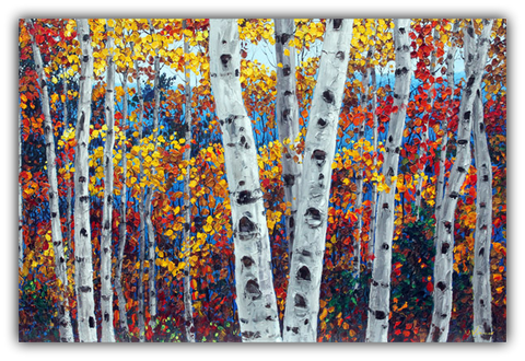 Aspen Confetti limited edition giclée on canvas by Jennifer Vranes featuring white aspen trunks and vibrant fall leaves in yellow, orange, and red.