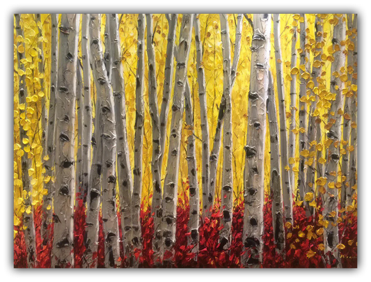 Aspen Sunshine limited edition giclée on canvas by Jennifer Vranes featuring a golden aspen forest with textured white trunks, yellow leaves, and a deep red forest floor.