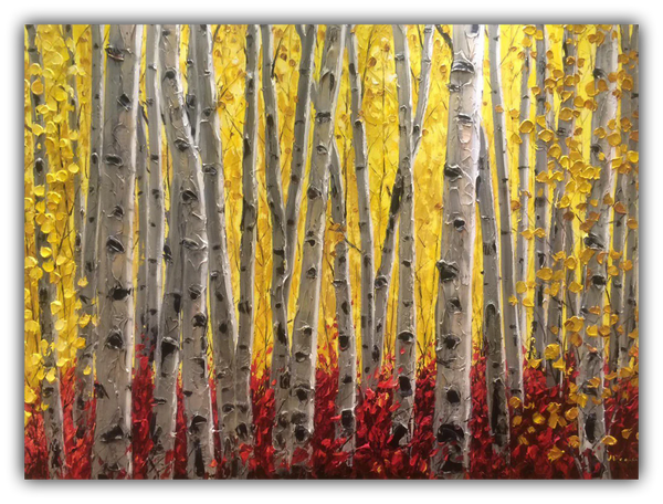 Aspen Sunshine limited edition giclée on canvas by Jennifer Vranes featuring a golden aspen forest with textured white trunks, yellow leaves, and a deep red forest floor.