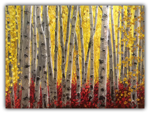 Aspen Sunshine limited edition giclée on canvas by Jennifer Vranes featuring a golden aspen forest with textured white trunks, yellow leaves, and a deep red forest floor.