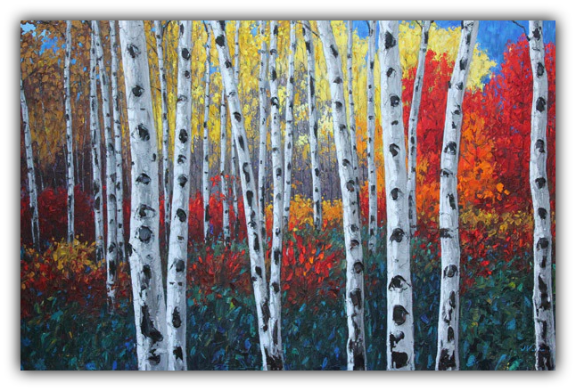 Autumn Concerto limited edition giclée on canvas by Jennifer Vranes featuring a colorful autumn forest of tall white aspens surrounded by red, gold, and orange foliage.